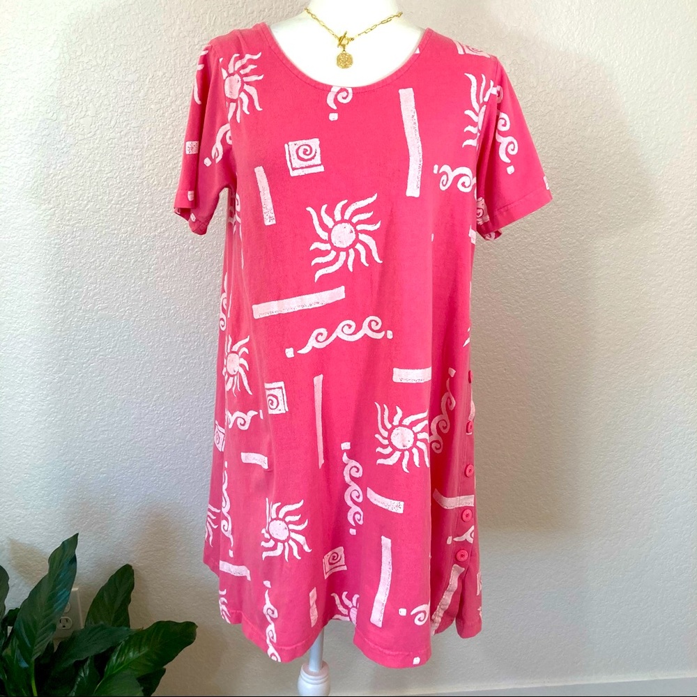 Vintage Abstract Sun Print Shirt Dress Button Side